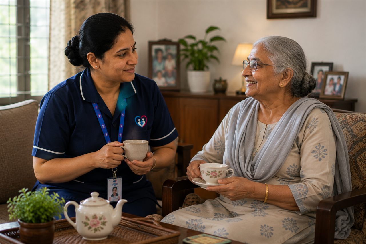 A DRSH caregiver with an elderly woman at home