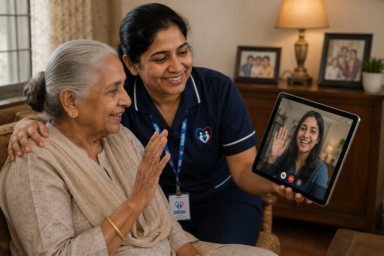 A DRSH caregiver helping an elderly parent on a video call with family far away